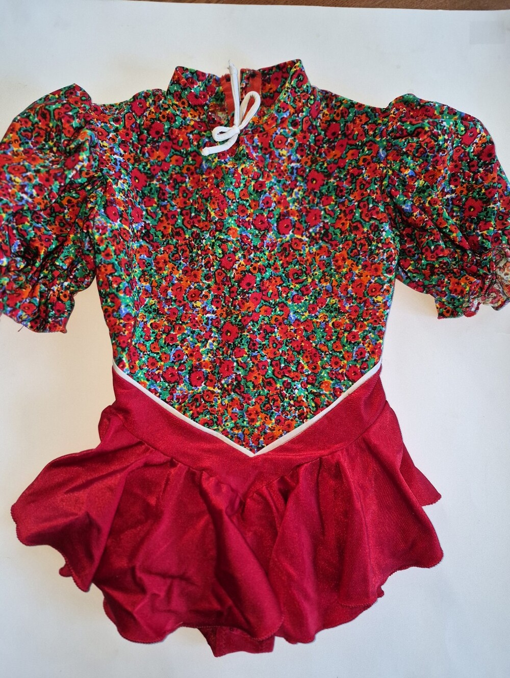 Vintage Red Floral Ice Skating Dress with Puff Sleeves Custom Made Girl Size 12